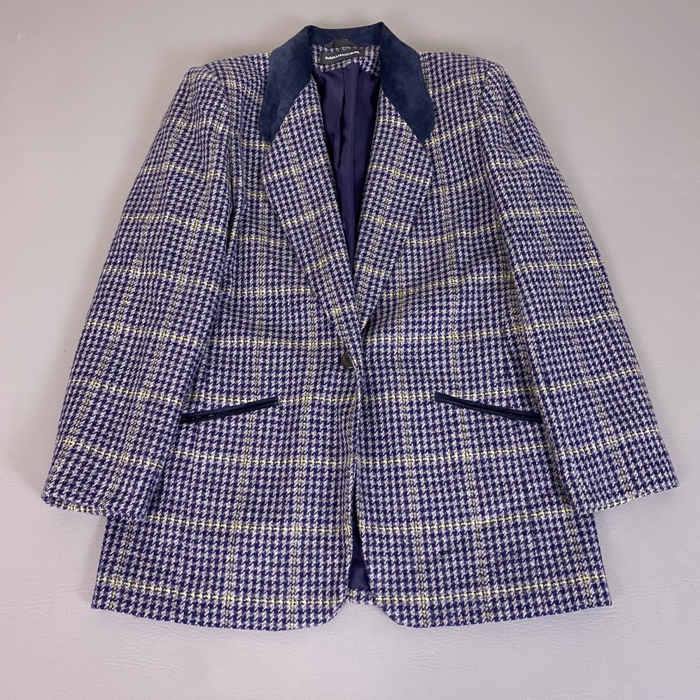 Maurices Plaid Blazer Women's Size Small Wool Navy Blue Houndstooth Suede Collar